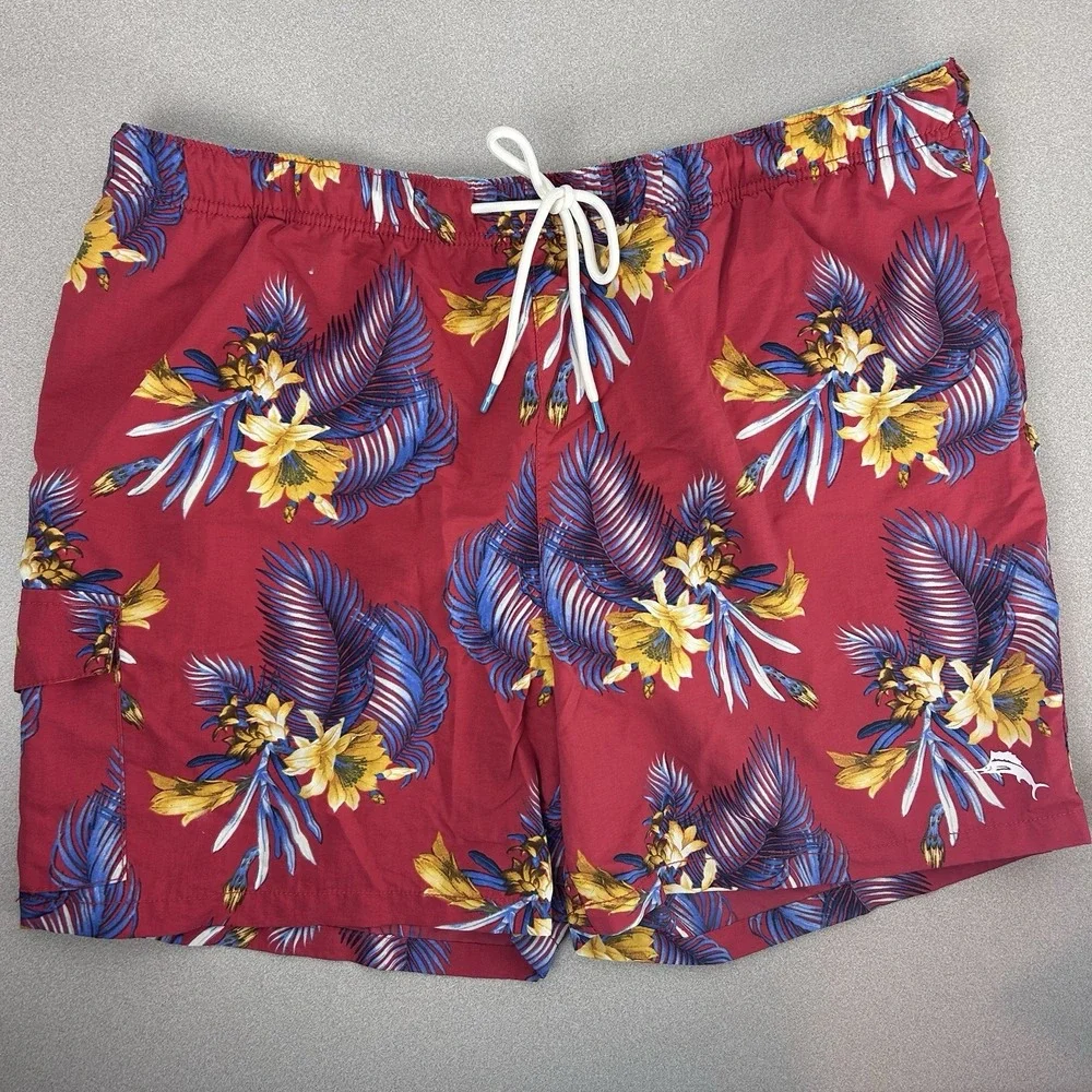 Tommy Bahama Mens Shorts XXL Red Swim‎ Trunks Nylon Floral Hawaiian Lined
